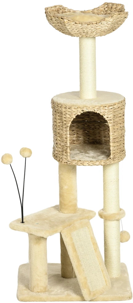 PawHut katės draskyklė 116 cm, namelis, katės gultas, laipynė su žaisliniu kamuoliuku, draskymo lenta, pliušiniai baldai katėms iki 5kg, smėlio spalvos