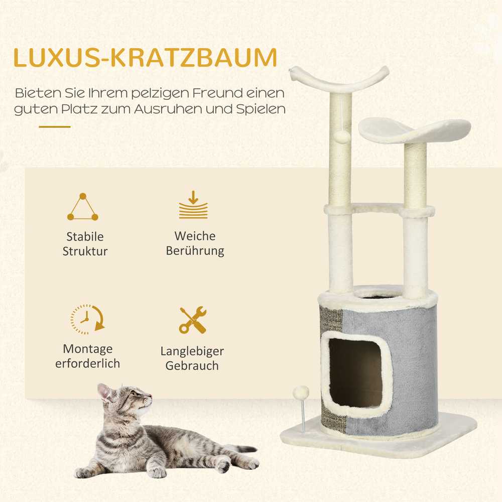 Pawhut Kačių draskyklė su platforma, žaidimų kamuoliuku - kreminės baltos spalvos