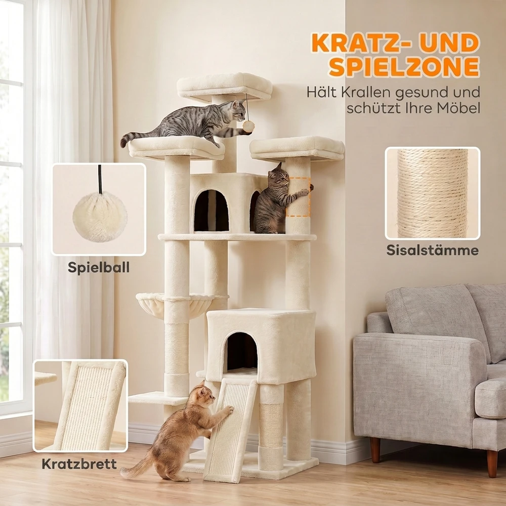 Kačių draskyklė, 5 lygių, su 3 draskymo stulpais, smėlio spalvos, 184 cm