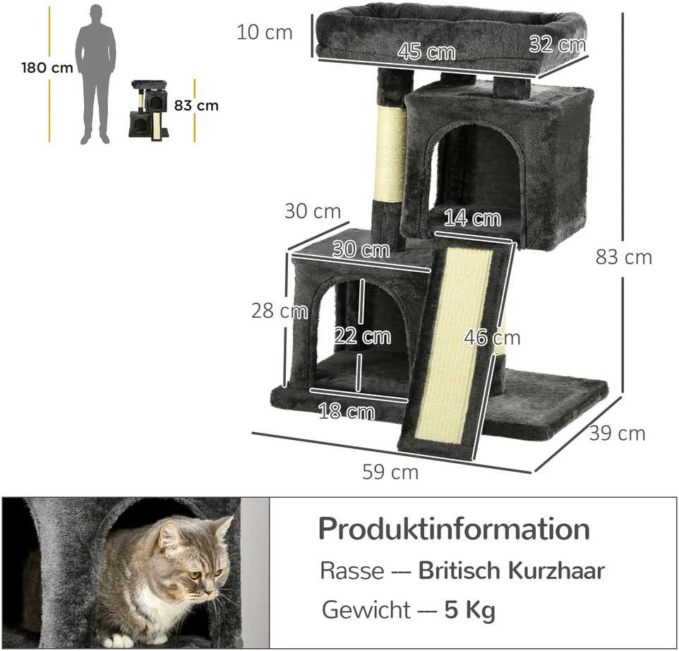 PawHut draskyklė 83 cm maža kačių draskyklė su sizalio stulpais, kačių laipynė, kačių baldai, žaidimų medis mažoms katėms, tamsiai pilka