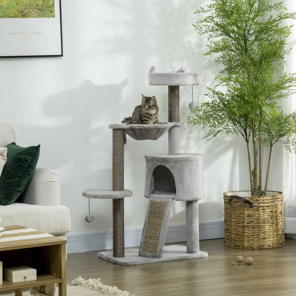 PawHut kačių draskyklė su nameliu ir sizalio stulpu, žaidimų stovas su rampa, žaislas katėms, šviesiai pilka, 113 cm