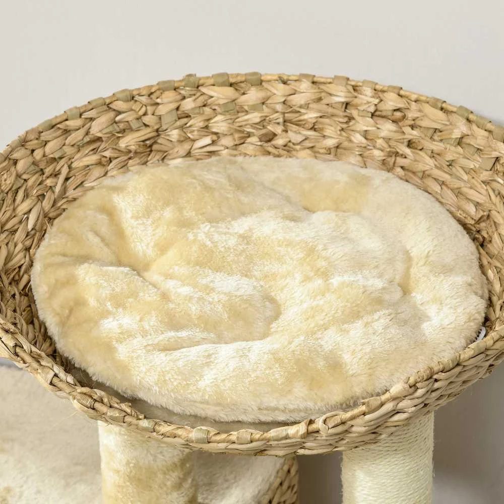 PawHut kačių draskyklė, 98 cm, su 2 gultais, žaisliniu kamuoliuku, katėms iki 6kg, kačių baldai, sizalis, smėlio spalvos