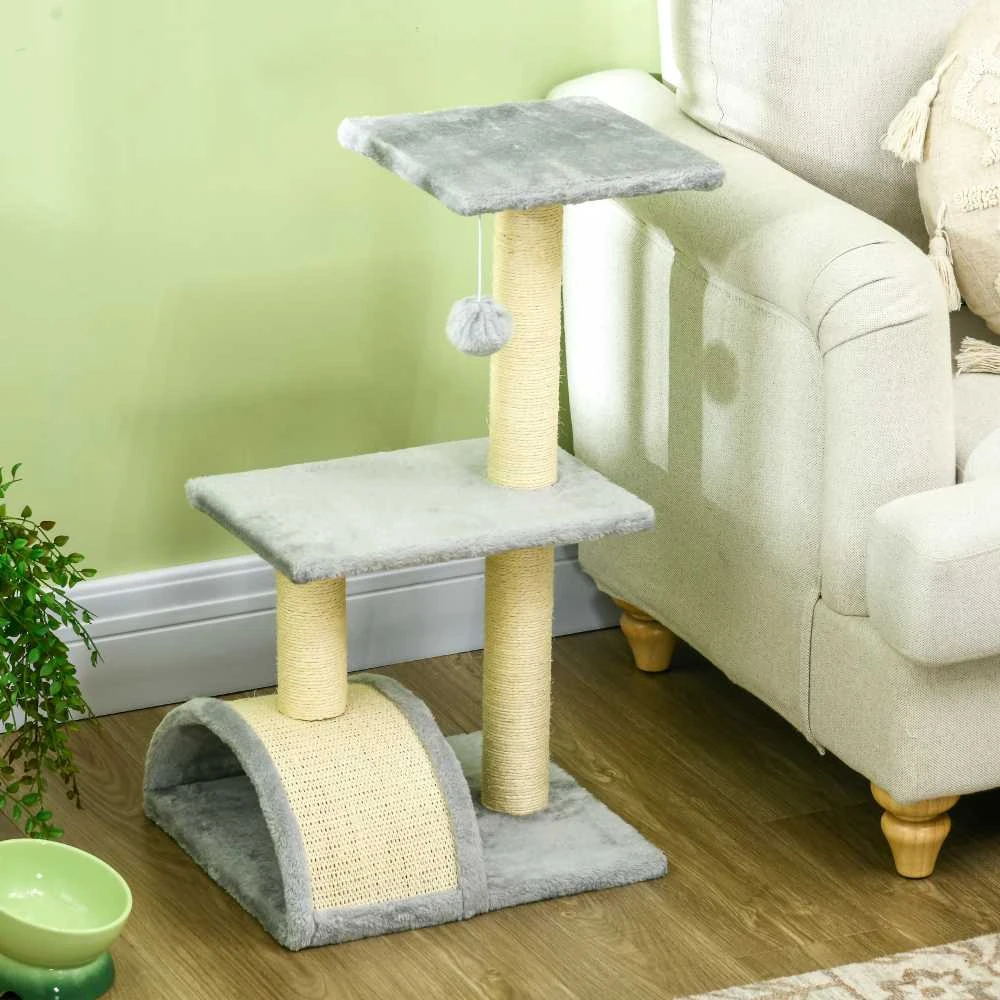 PawHut 72 cm draskyklė katėms – kačių medis su pliušiniu kamuoliuku, sizalio stulpais, platforma ir draskymo kilimėliu, šviesiai pilka