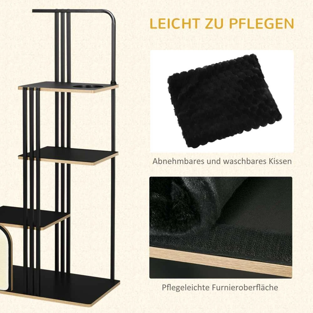 PawHut kačių draskyklė 170 cm, didelė draskyklė su pagalvėlėmis, draskymo lenta, 3 platformomis, plieniniais kačių baldais, juoda