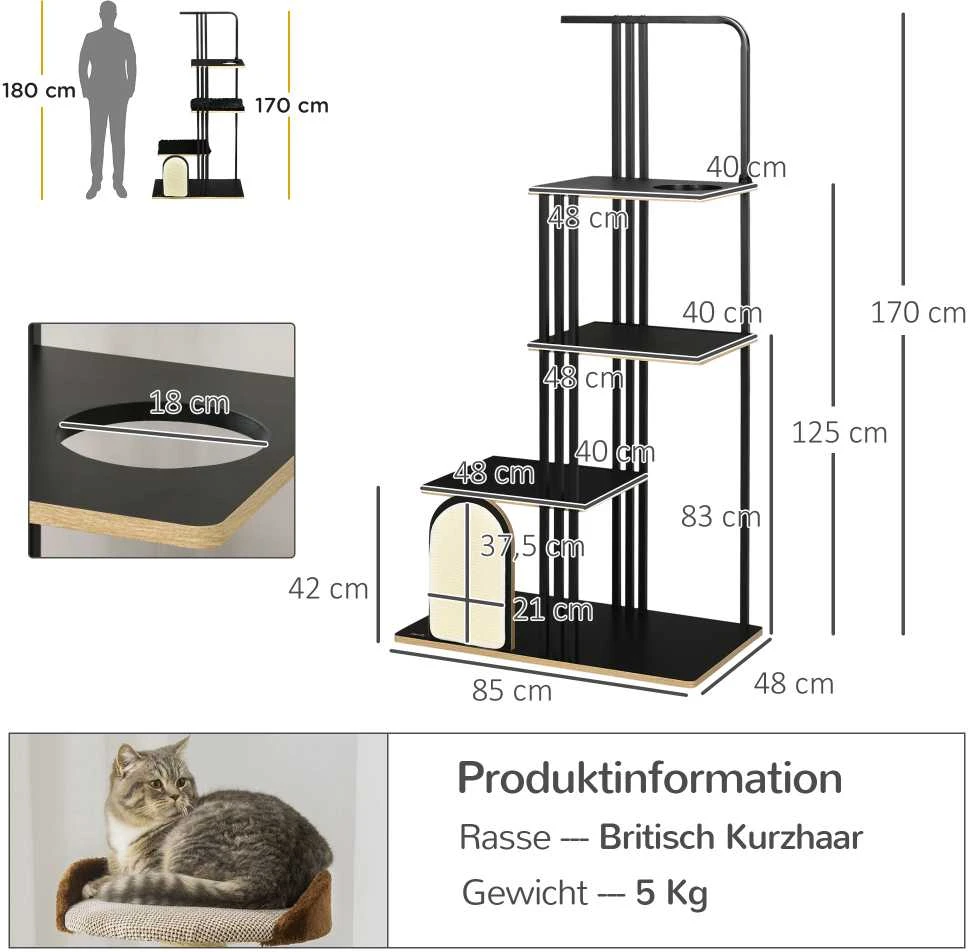 PawHut kačių draskyklė 170 cm, didelė draskyklė su pagalvėlėmis, draskymo lenta, 3 platformomis, plieniniais kačių baldais, juoda