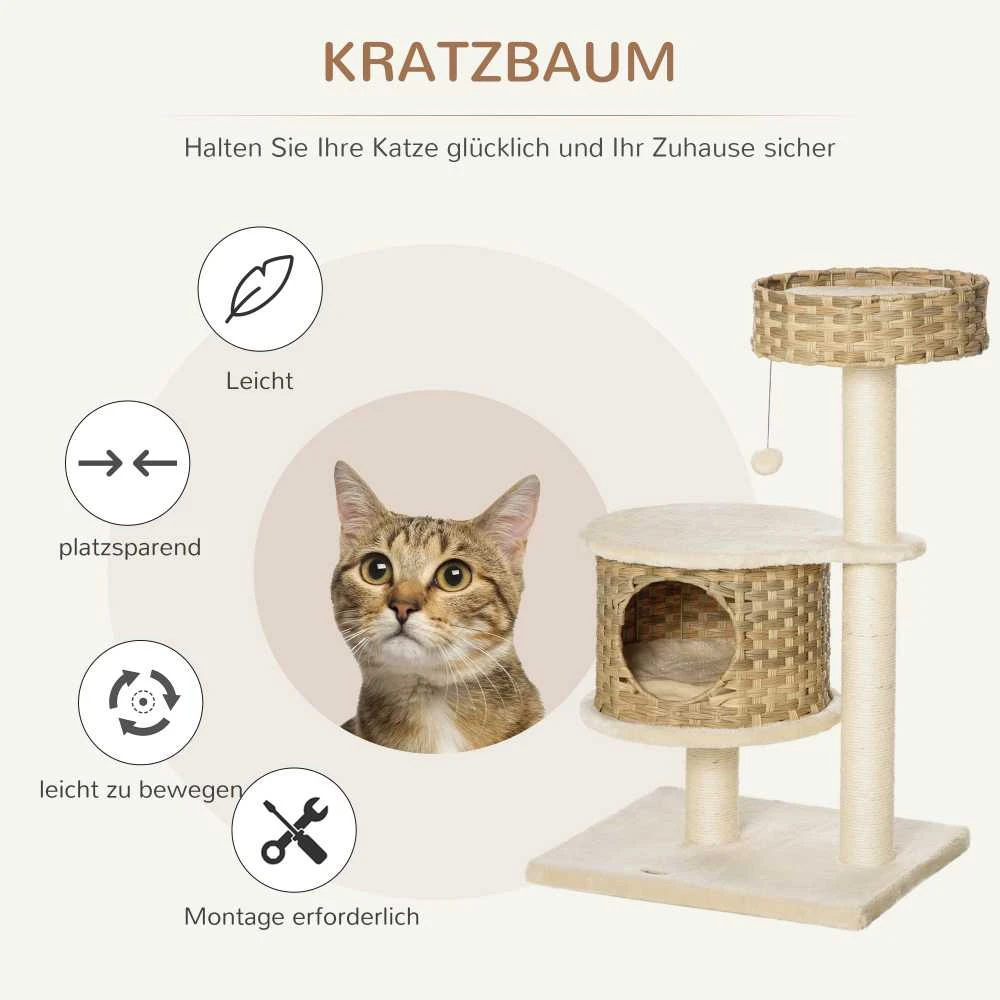 PawHut rotango draskyklė katėms, laipynė su nameliu, sizalio stulpais ir žaisliniais kamuoliukais, 95 cm, natūrali ir smėlio spalva