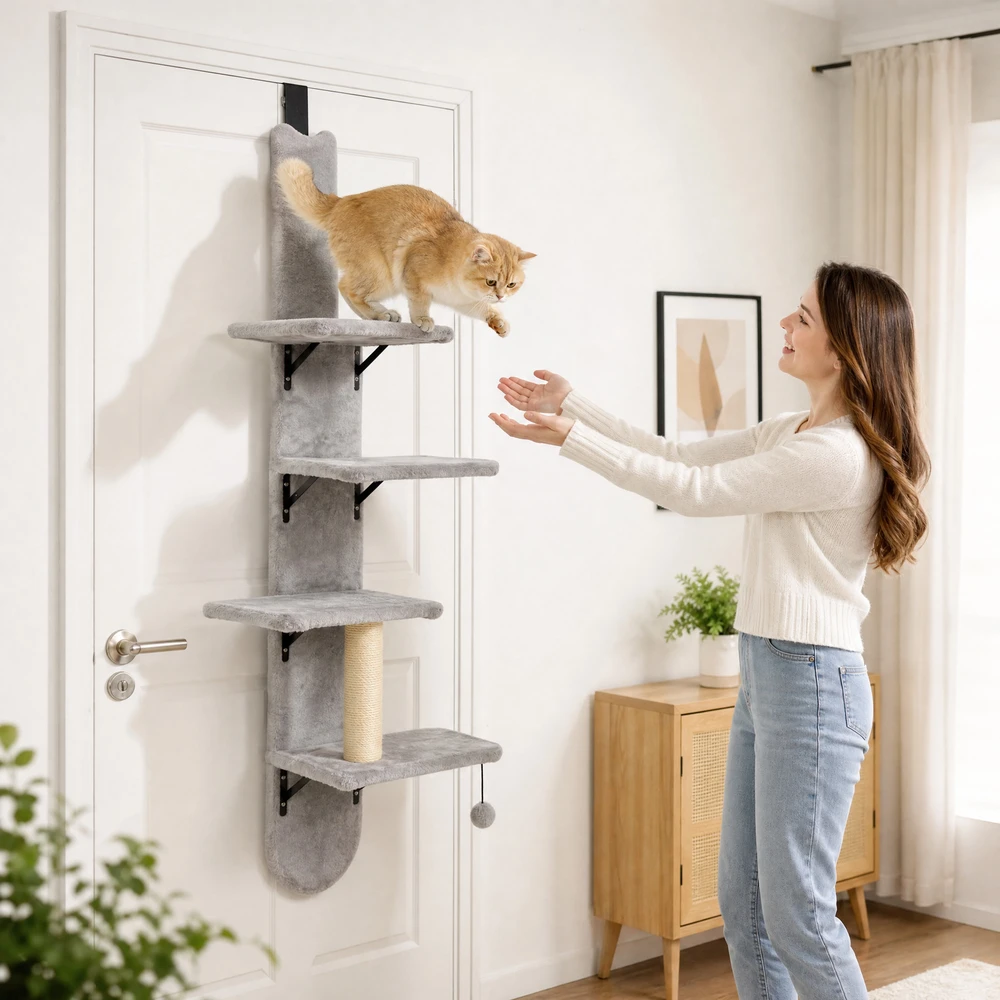 Kačių draskyklė kabinama ant durų, 4 platformų, šviesiai pilka, 144,5 cm