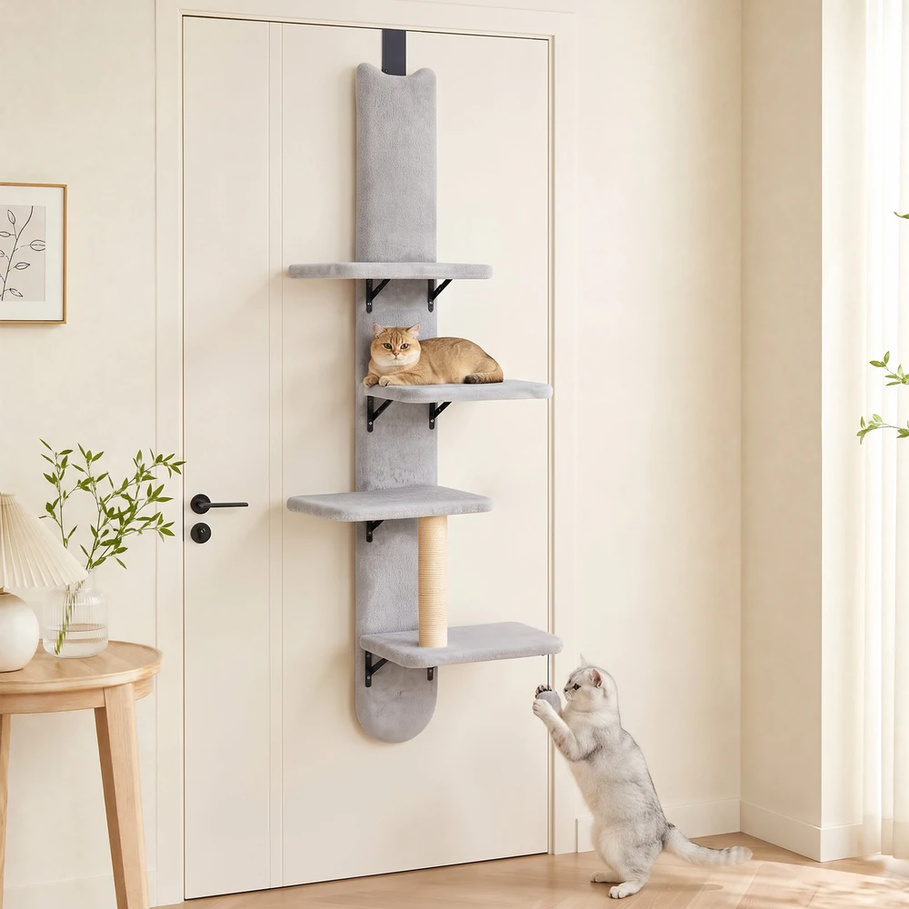 Kačių draskyklė kabinama ant durų, 4 platformų, šviesiai pilka, 144,5 cm