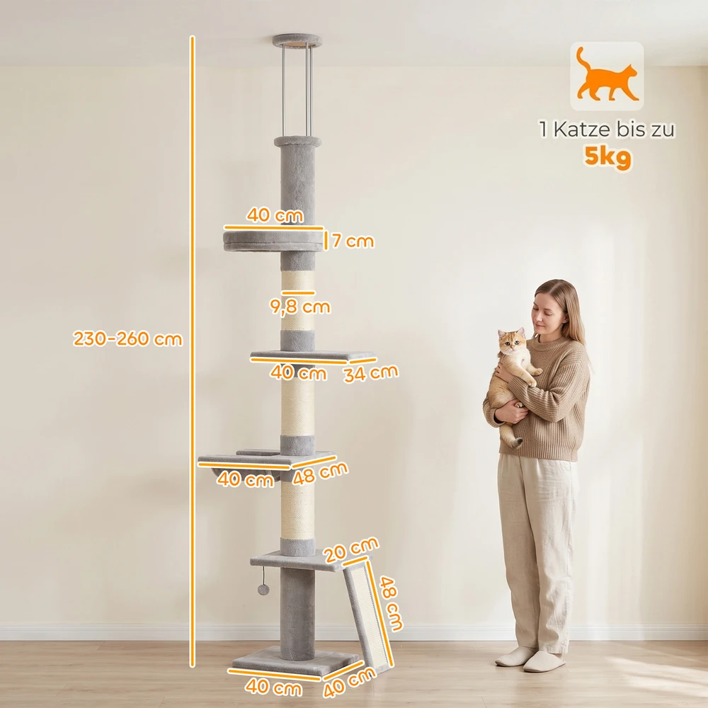 Kačių draskyklė, reguliuojamo aukščio, šviesiai pilka ir kreminė, 230–260 cm