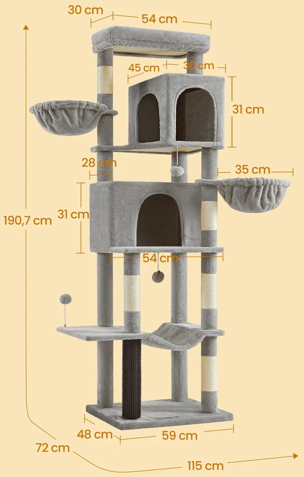 Songmics Kačių draskyklė su 2 guoliais, pilka, 190 cm