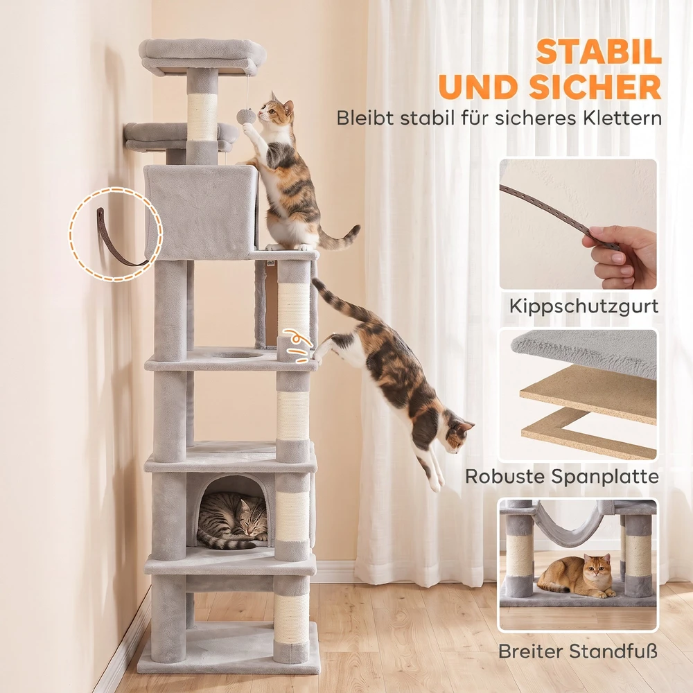Kačių draskyklė su 8 sizalio stulpais, šviesiai pilka, 204 cm