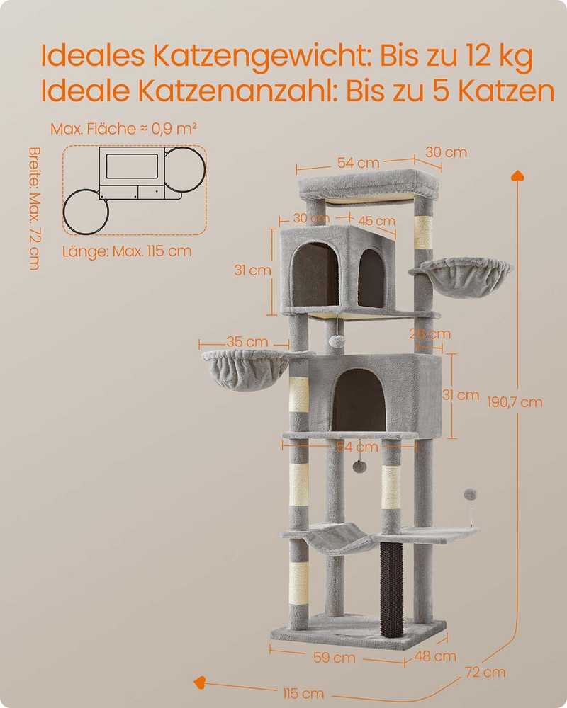 Songmics Feandrea 190,7 cm aukščio draskyklė su 2 urvais ir 2 guoliais balandžių pilkos spalvos