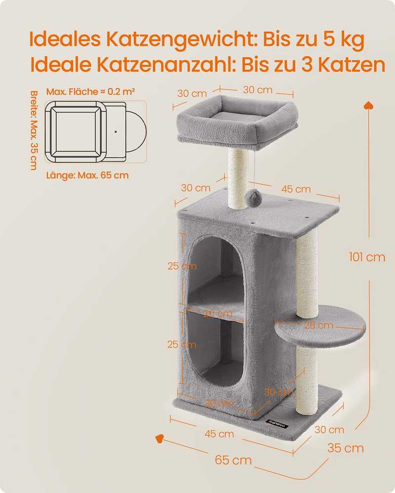 Songmics Kačių draskyklė su dviem guoliais ir platforma, šviesiai pilka 101cm