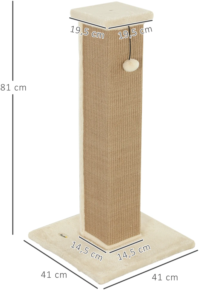 Kačių draskyklė su džiutu ir kabančiu kamuoliuku, smėlinė, 81 cm