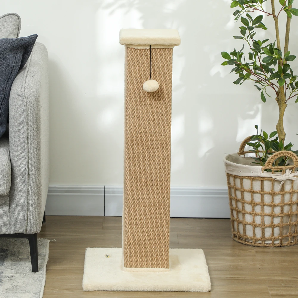 Kačių draskyklė su džiutu ir kabančiu kamuoliuku, smėlinė, 81 cm
