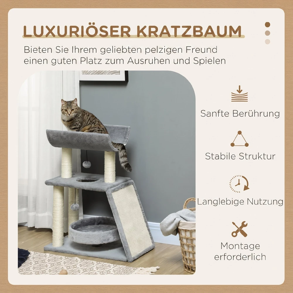 Kačių draskyklė su guoliu ir U formos platforma, šviesiai pilka, 76 cm