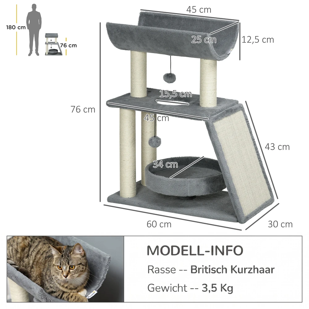 Kačių draskyklė su guoliu ir U formos platforma, šviesiai pilka, 76 cm