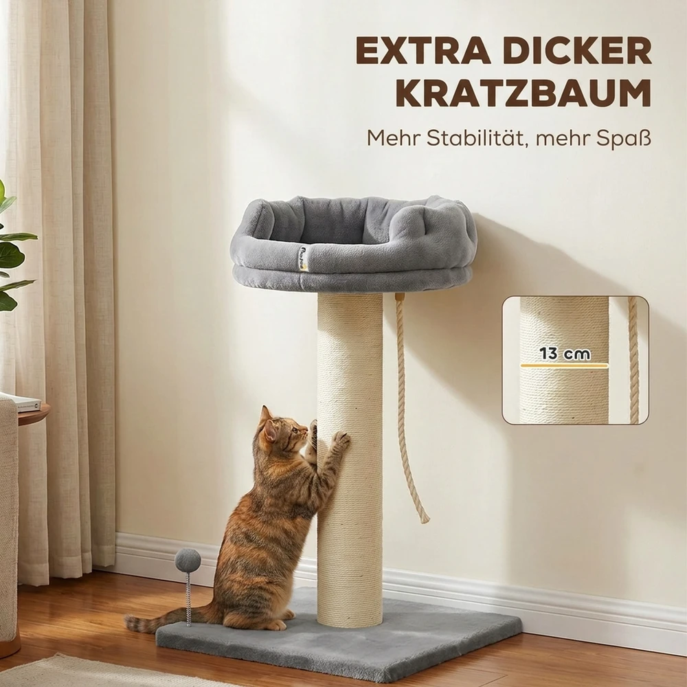 Kačių draskyklė su guoliu ir žaislu, pilka, 83 cm