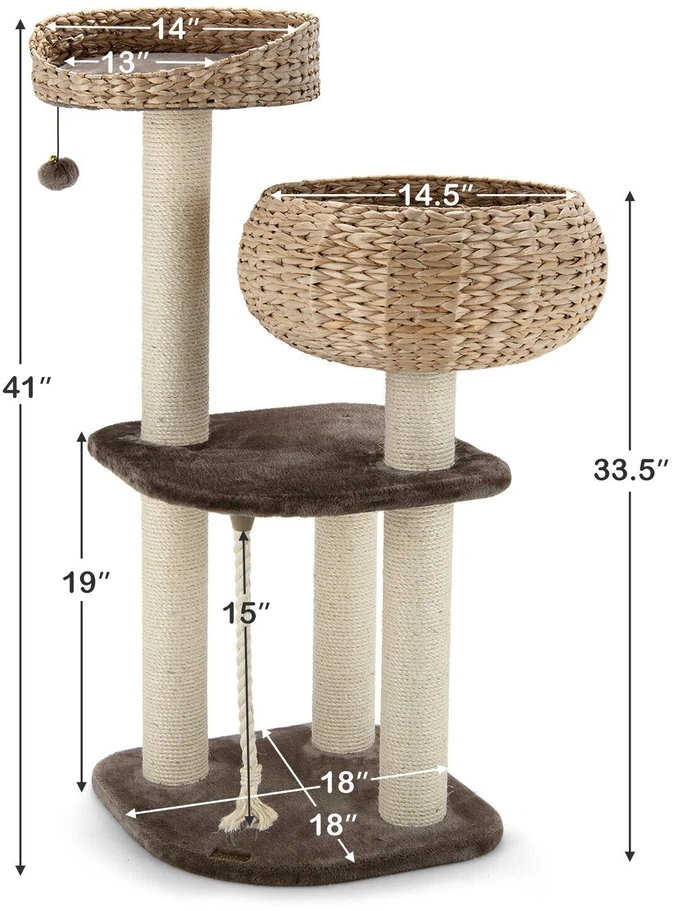 Kačių draskyklė su pintu guoliu ir žaislais, ruda, 104,1 cm