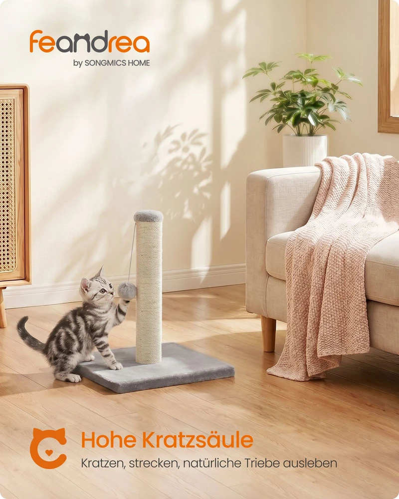 Kačių draskyklė su sizalio stulpu ir pliušiniu kamuoliuku, pilka, 44 cm