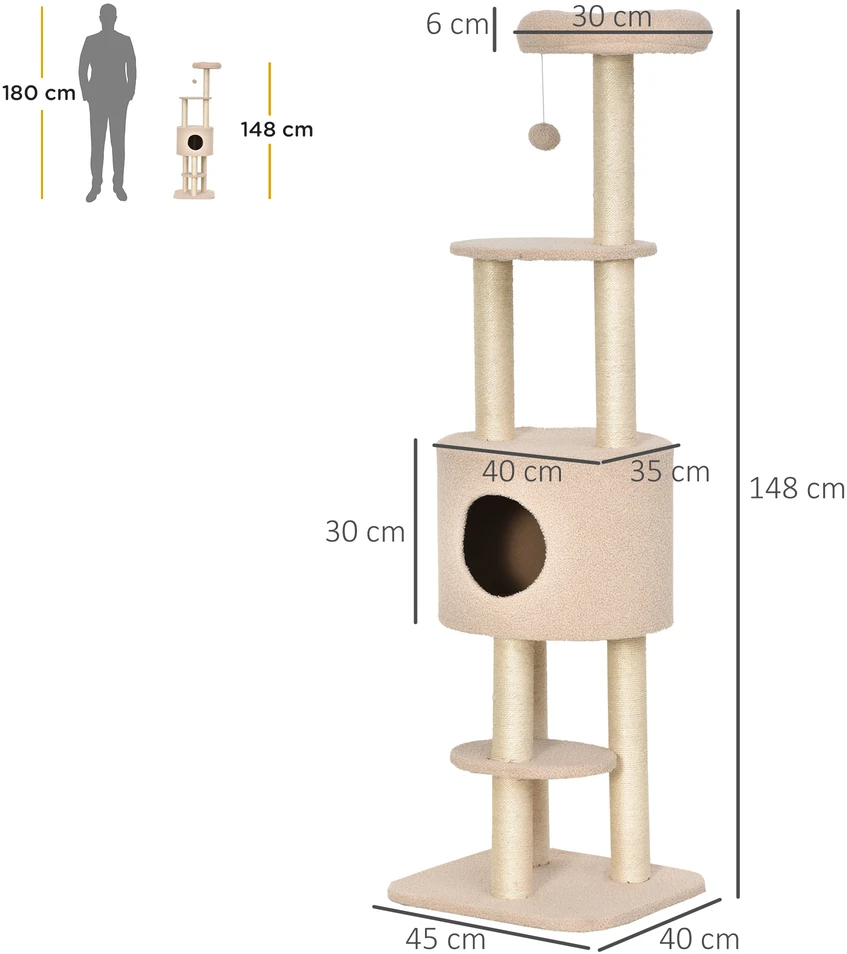 Kačių draskyklė su slėptuve ir žaisliniu kamuoliuku, smėlio spalvos, 148 cm