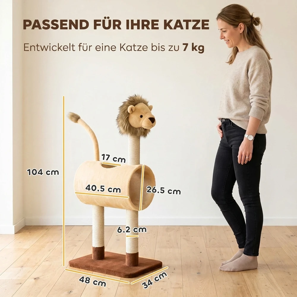 Kačių draskyklė su tuneliu ir 3 džiuto stulpais, šviesiai ruda, tamsiai ruda ir balta, 104 cm