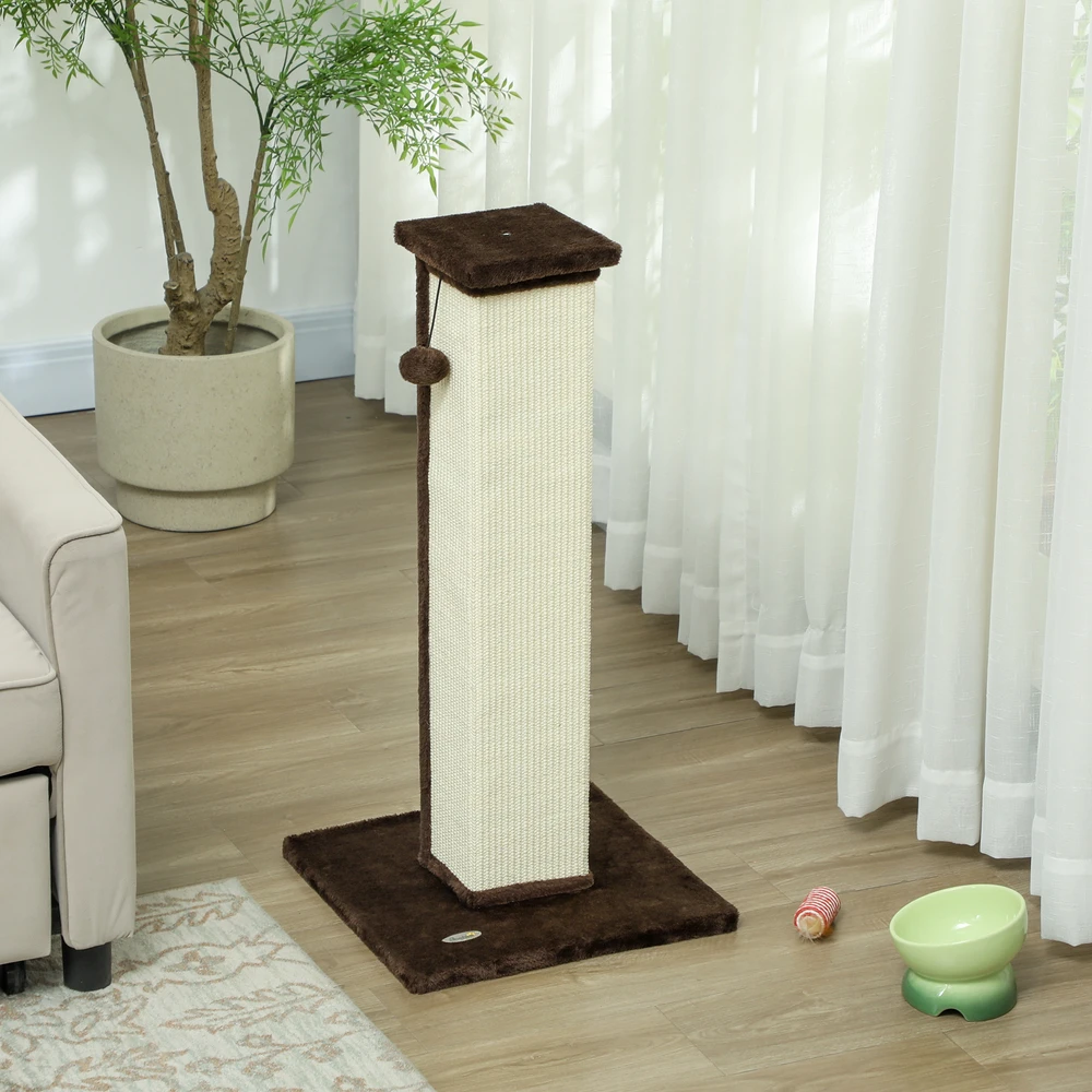 Kačių draskyklė su žaisliniu kamuoliuku ir sizaliu, kreminė ir ruda, 81 cm