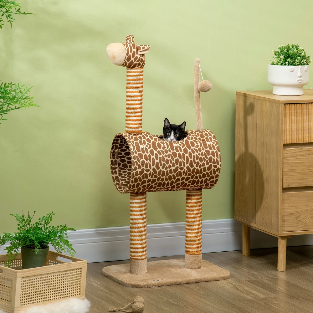 Kačių draskyklė žirafos dizaino su tuneliu, smėlio spalvos, 101 cm