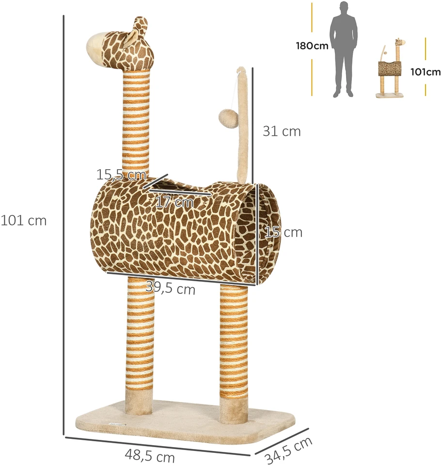 Kačių draskyklė žirafos dizaino su tuneliu, smėlio spalvos, 101 cm