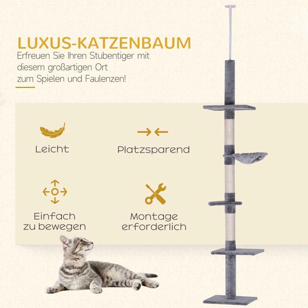 PawHut lubinis draskyklė, pilka, reguliuojamo aukščio kačių draskyklė su sizalio stulpais, skirta laipiojimui ir draskymui, 40x34x230-260 cm
