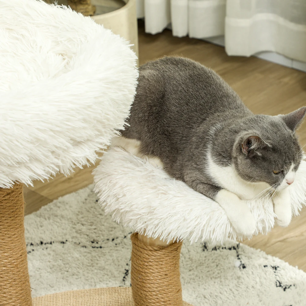 PawHut draskyklė, 61,5 cm aukščio katėms, su žaisliniu kamuoliuku, lovelėmis, draskymo lenta, katėms iki 5kg, kriaušės mediena, balta