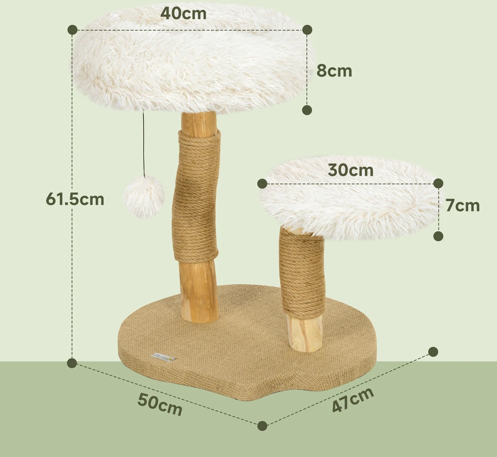 PawHut draskyklė, 61,5 cm aukščio katėms, su žaisliniu kamuoliuku, lovelėmis, draskymo lenta, katėms iki 5kg, kriaušės mediena, balta