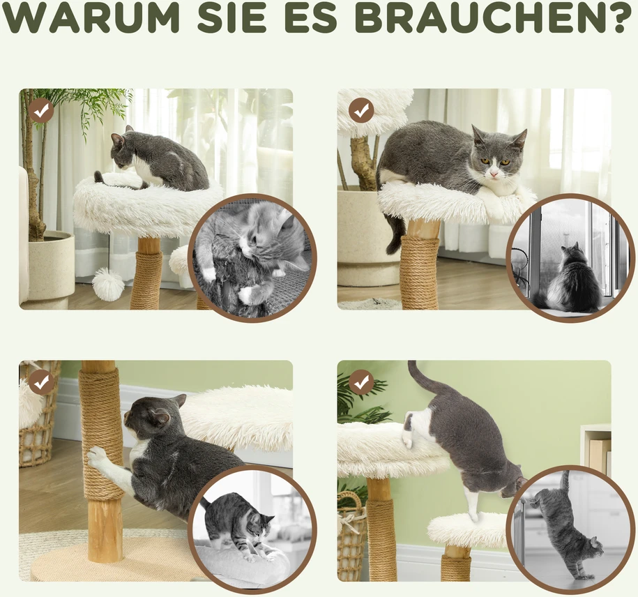 PawHut draskyklė, 61,5 cm aukščio katėms, su žaisliniu kamuoliuku, lovelėmis, draskymo lenta, katėms iki 5kg, kriaušės mediena, balta