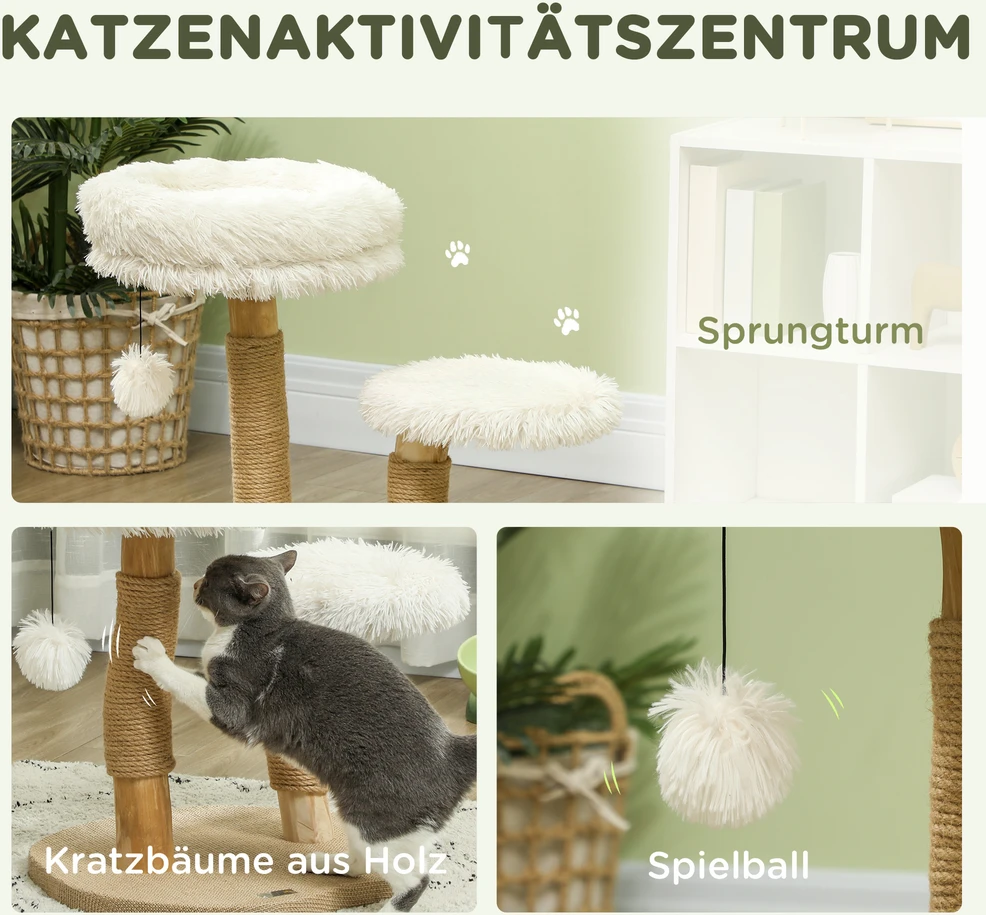 PawHut draskyklė, 61,5 cm aukščio katėms, su žaisliniu kamuoliuku, lovelėmis, draskymo lenta, katėms iki 5kg, kriaušės mediena, balta
