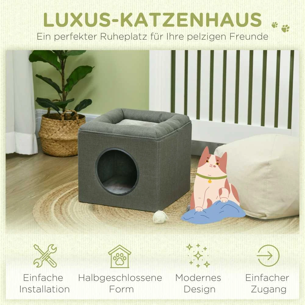 PawHut kačių namelis 36,5x36,5x33cm, dviejų aukštų guolis su pagalvėle, namelis katėms iki 5kg, žalias
