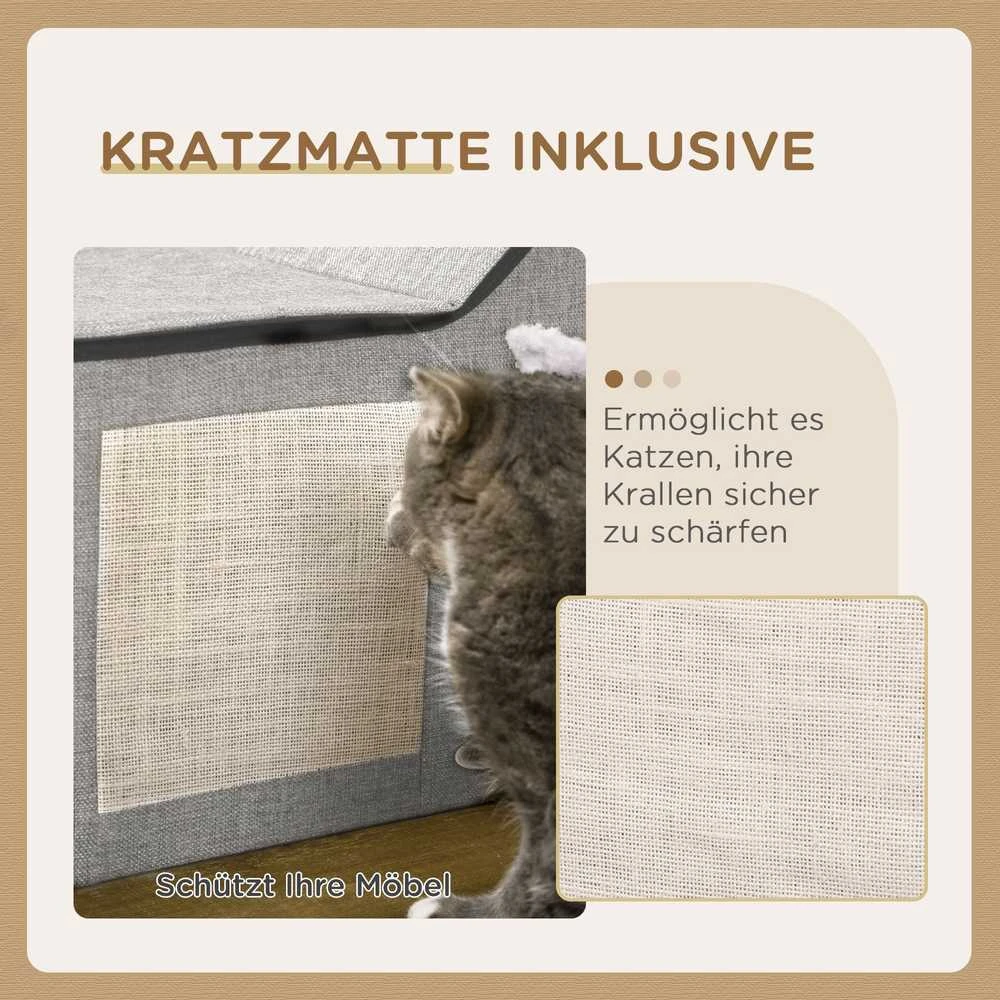 PawHut kačių namelis su draskykle ir dvigubomis durelėmis, jaukus namelis su pagalvėle ir žaisliniu kamuoliuku, poliesteris, pilkas