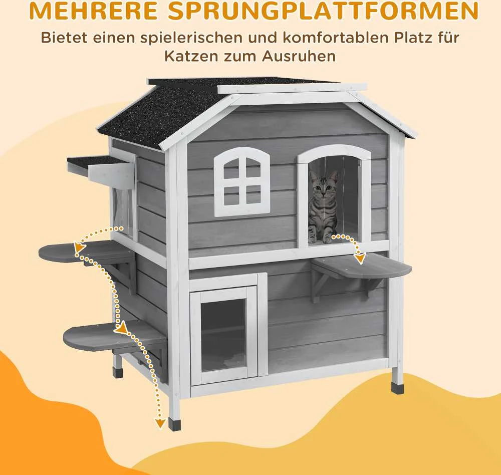 PawHut kačių namelis su bitumine stogo danga, atsparus oro sąlygoms, lauko kačių būda su laipteliais, 2 aukštų, eglės mediena, pilka, 78x55,5x91 cm