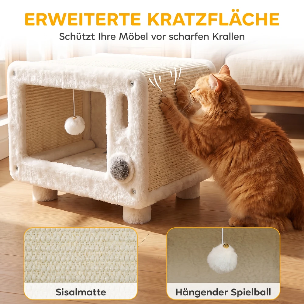 Kačių namelis TV dizaino su hamaku, baltas, pilkas ir smėlinis, 50 × 33 × 42 cm