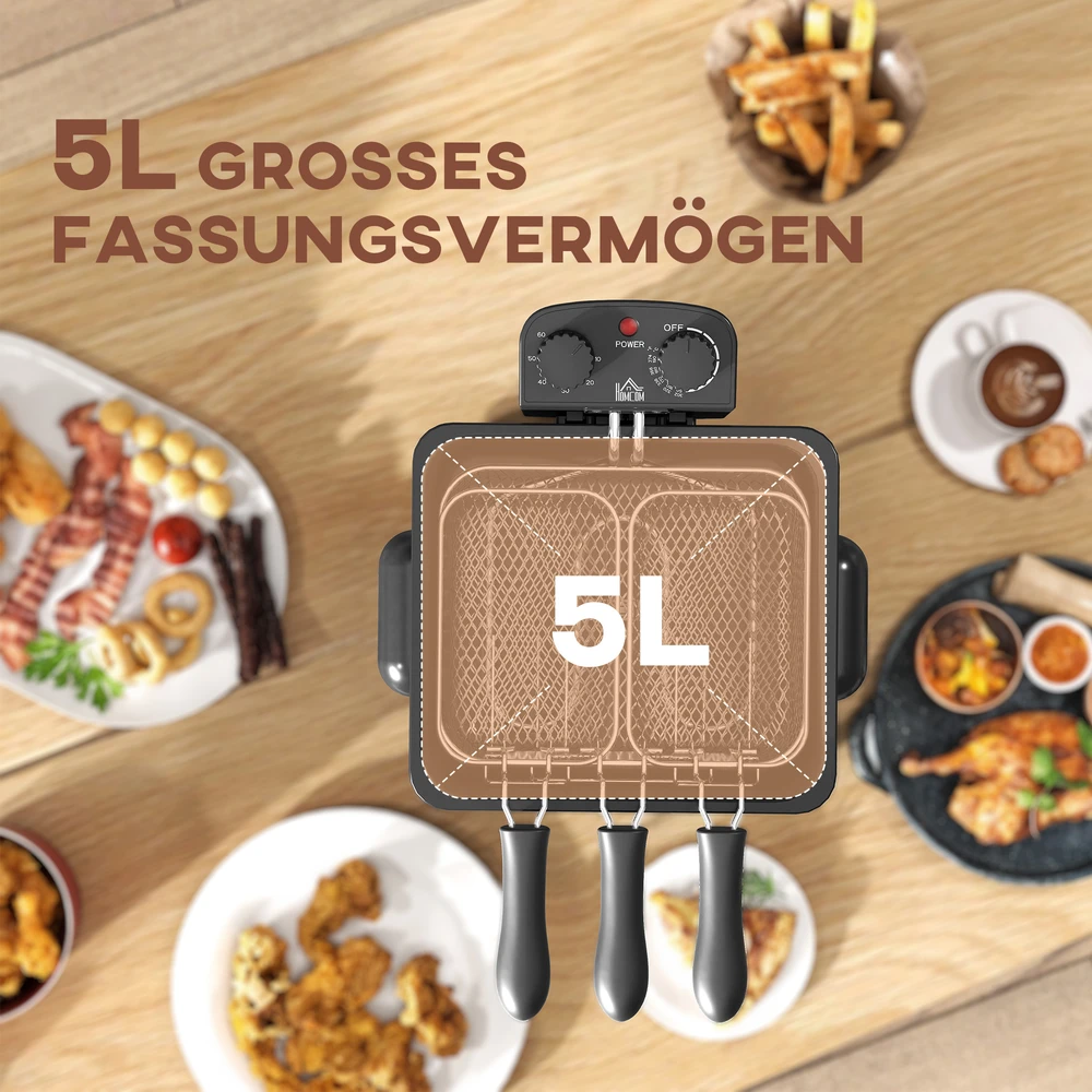 HOMCOM 5L talpos gruzdintuvė, reguliuojama temperatūra ir laikmatis, aliejaus gruzdintuvė su išimamu indu, stebėjimo langelis, apsauga nuo perkaitimo, 2000 W sidabrinės spalvos nerūdijantis plienas