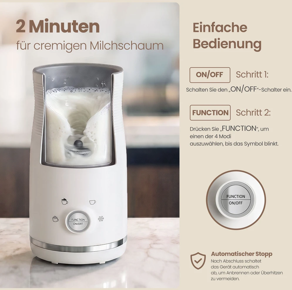 Kaitlentė Songmics Elektrinis pieno putų plakiklis, 4 funkcijų, baltas, 10,5 × 10,5 × 20,3 cm