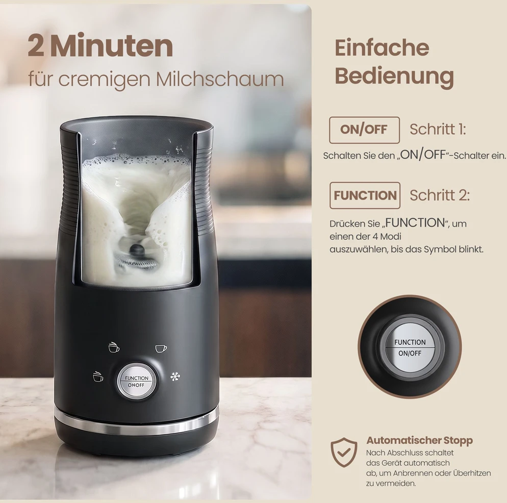 Kaitlentė Songmics Elektrinis pieno putų plakiklis, 4 funkcijų, juodas, 10,5 × 10,5 × 20,3 cm