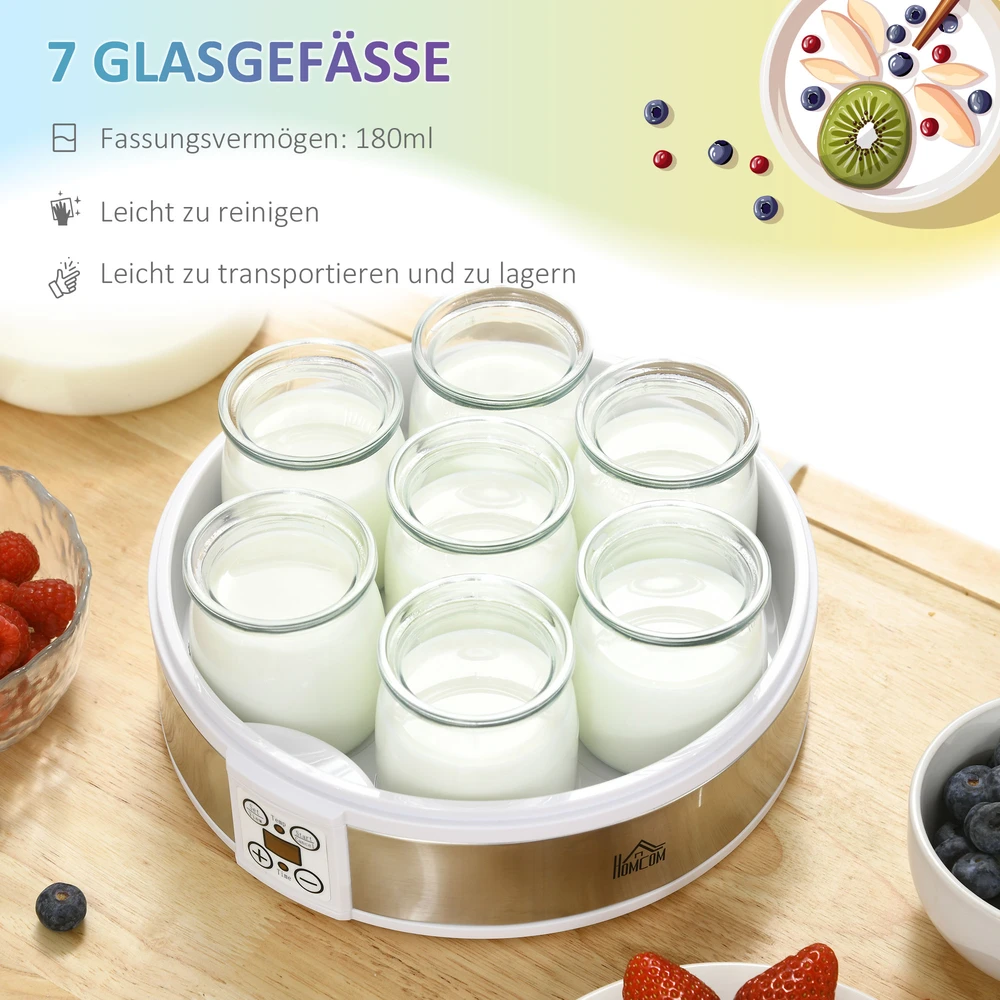 HOMCOM jogurto aparatas su 48 valandų laikmačiu, temperatūros reguliavimu, 7 stikliniais indeliais po 180 ml, automatiniu išsijungimu, 20 W, baltas