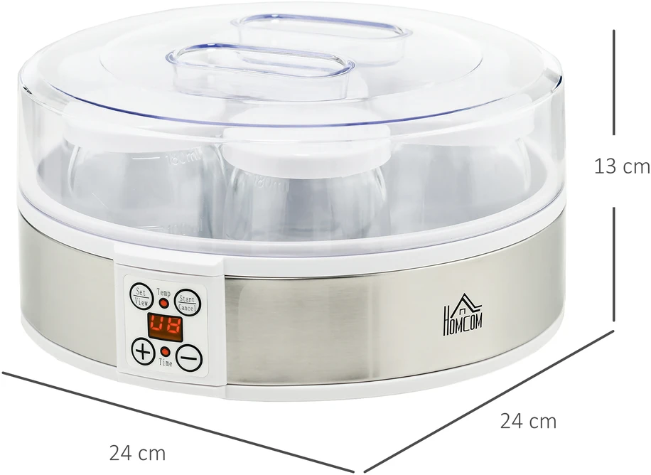 HOMCOM jogurto aparatas su 48 valandų laikmačiu, temperatūros reguliavimu, 7 stikliniais indeliais po 180 ml, automatiniu išsijungimu, 20 W, baltas