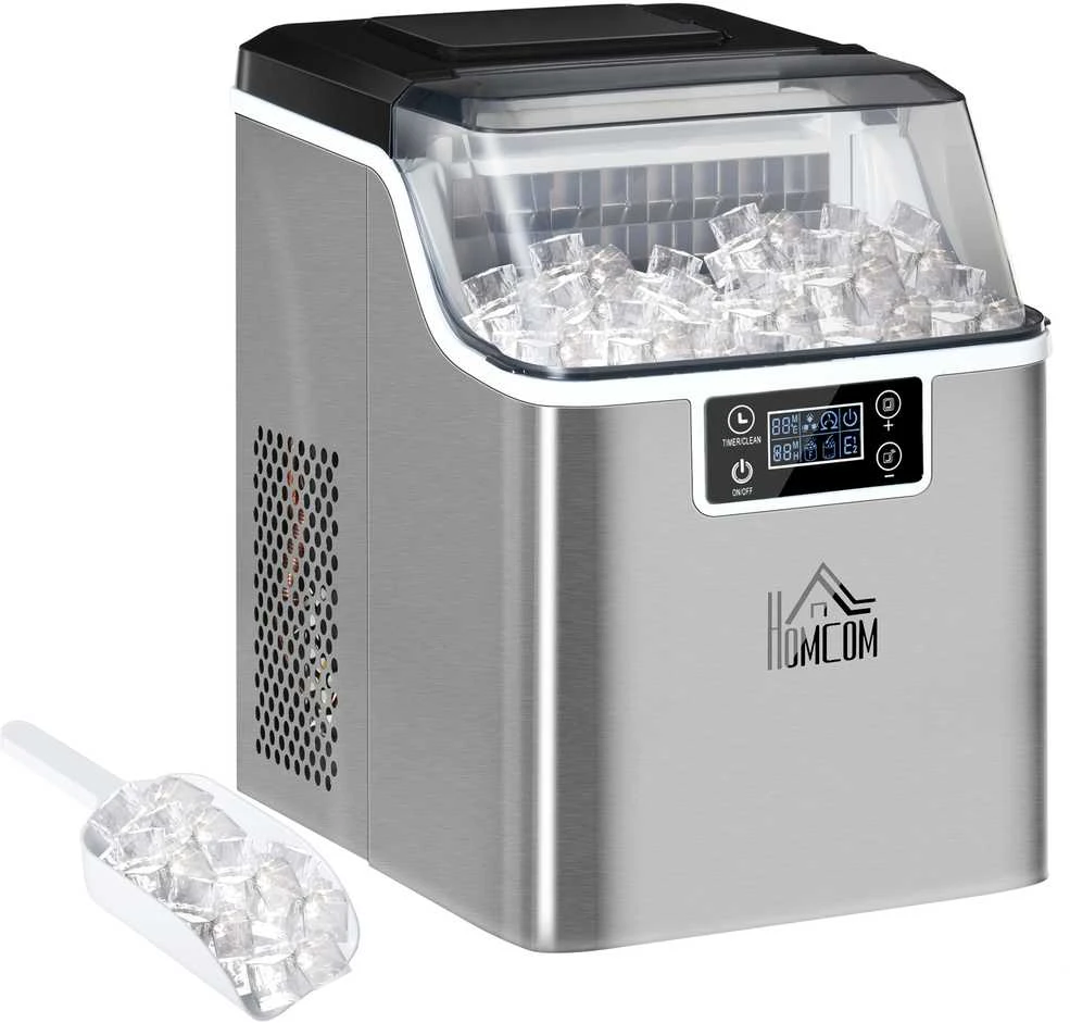 HOMCOM ledo kubelių gaminimo aparatas 20 kg/24h, 2,3 l talpos su 3,2 l vandens baku, savaiminio išsivalymo funkcija, nerūdijantis plienas, sidabrinė, 25,2 x 36 x 37,1 cm