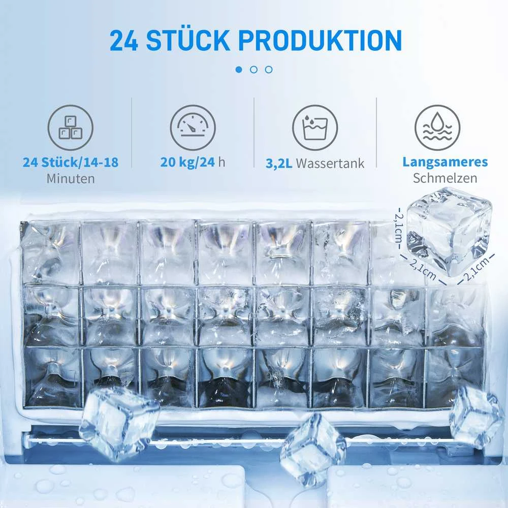 HOMCOM ledo kubelių gaminimo aparatas 20 kg/24h, 2,3 l talpos su 3,2 l vandens baku, savaiminio išsivalymo funkcija, nerūdijantis plienas, sidabrinė, 25,2 x 36 x 37,1 cm