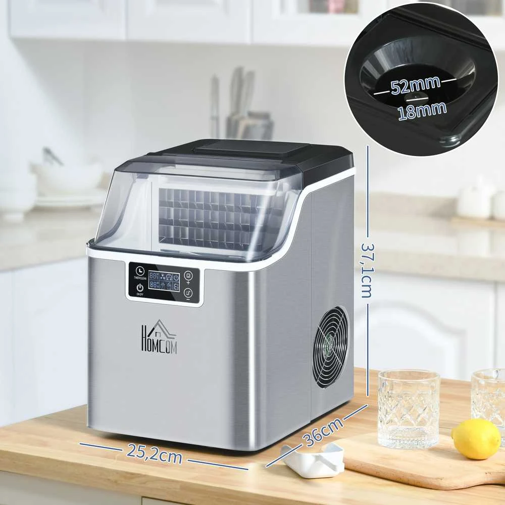 HOMCOM ledo kubelių gaminimo aparatas 20 kg/24h, 2,3 l talpos su 3,2 l vandens baku, savaiminio išsivalymo funkcija, nerūdijantis plienas, sidabrinė, 25,2 x 36 x 37,1 cm