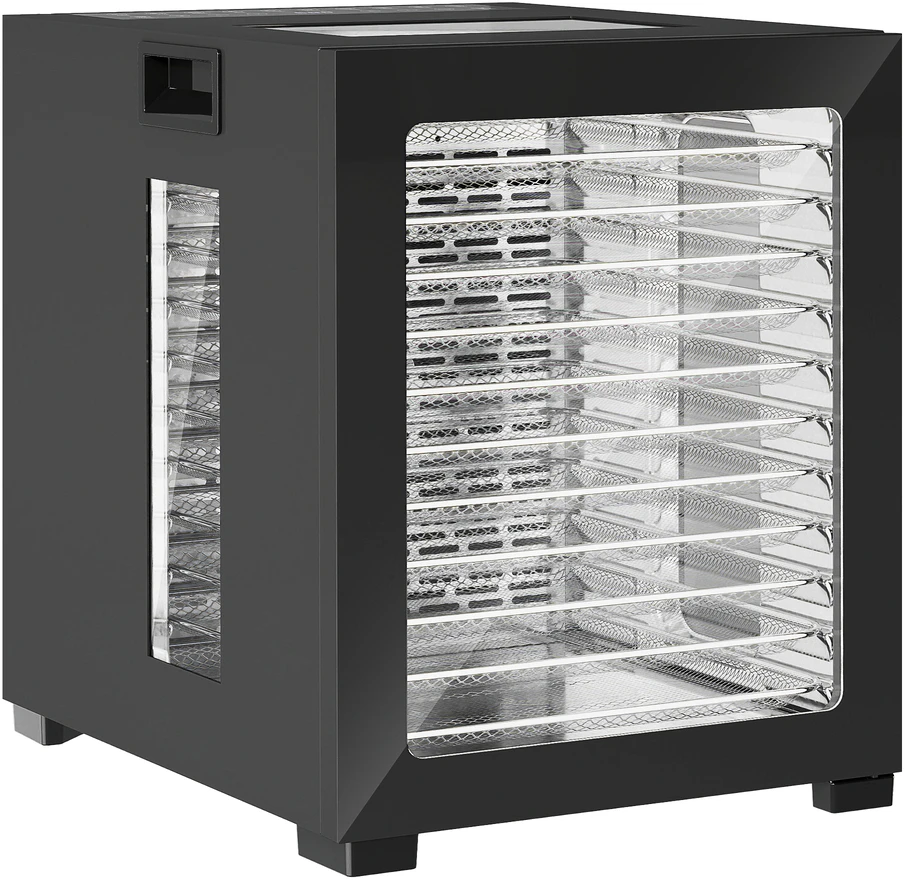Kaitlentė HOMCOM Džiovintuvas, 850 W, 40–70 °C temperatūros reguliatorius, 48 valandų laikmatis, 12 nerūdijančio plieno padėklų, juodas