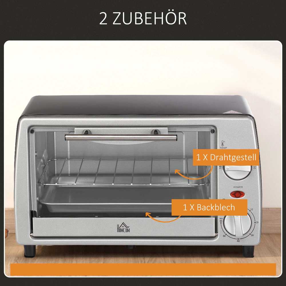 Gruzdintuvė HOMCOM elektrinė orkaitė 10L, su reguliuojama temperatūra ir laikmačiu, 750W, 36,5x26x22 cm, sidabrinė