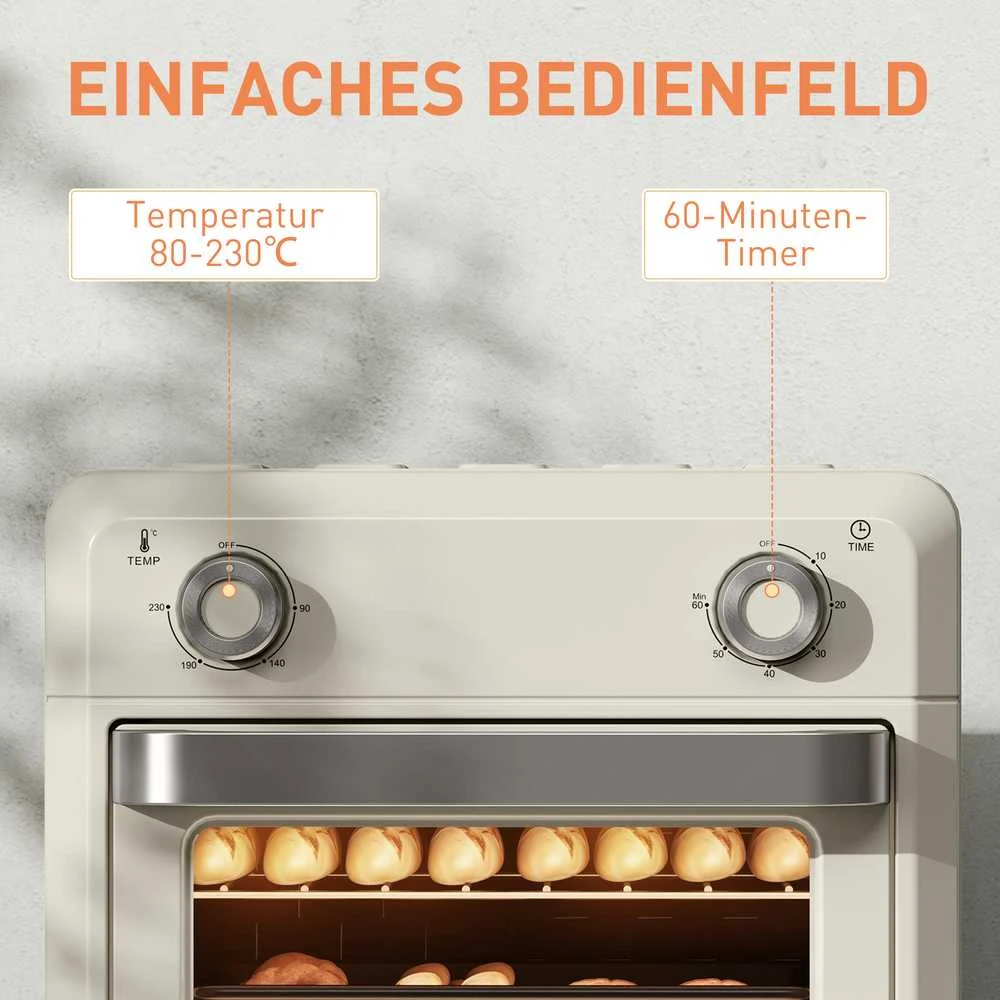 HOMCOM mini orkaitė su konvekcija 10 l, 2 viename mini orkaitė su grotelėmis, kepimo skarda ir padėklu trupiniams, 80–230 °C karšto oro gruzdintuvė su jutikliniu ekranu, laikmačiu, vidaus apšvietimu, 1000 W, nerūdijantis plienas