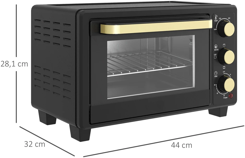 Kaitlentė "HOMCOM" mini orkaitė 16 L 1400 W Mini orkaitė 100-230 ℃ 60 min. laikmatis, su grilio grotelėmis ir kepimo skardomis, picų kepimo krosnelė su dėklo rankena, trupinių padėklas juodas